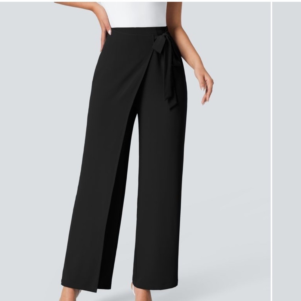 High Waisted Tie Side Wide Leg Work Pants Black Size XL